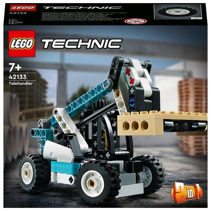 Set LEGO Technic con sollevatore telescopico. Il modello è composto da parti in plastica blu, nere, bianche e beige. Il set include ruote, un braccio telescopico e una forcella. La confezione mostra il modello finito e il logo LEGO.