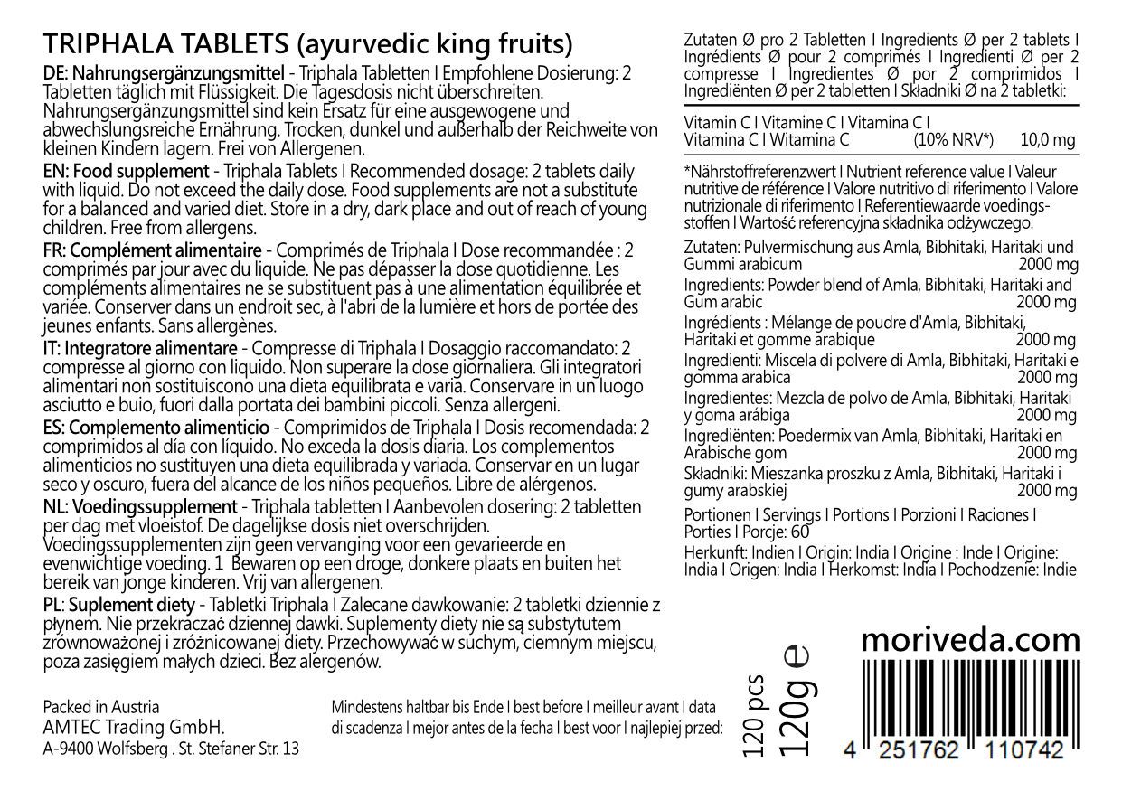 Rückseite der Verpackung. Text in mehreren Sprachen: Triphala Tabletten. Inhaltsstoffe, Dosierung, Nährwertangaben. Herstellerinformationen.