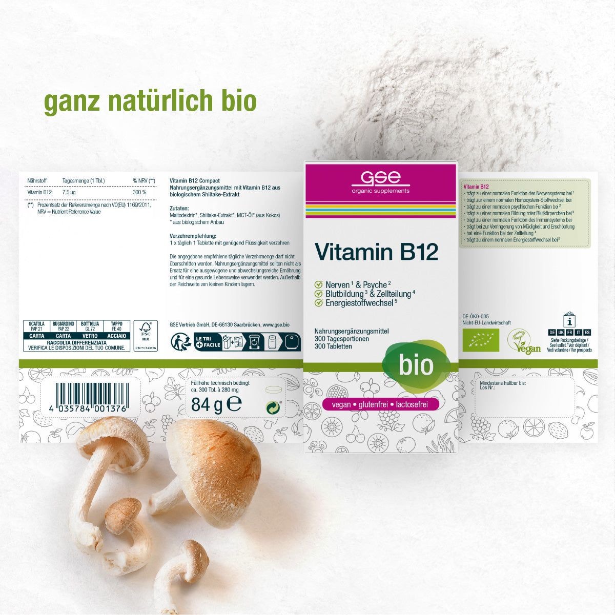 Geöffnete Schachtel mit GSE Vitamin B12 Compact. Aufschrift: Vitamin B12, bio, 300 Tabletten. Pilze und Inhaltsangaben.