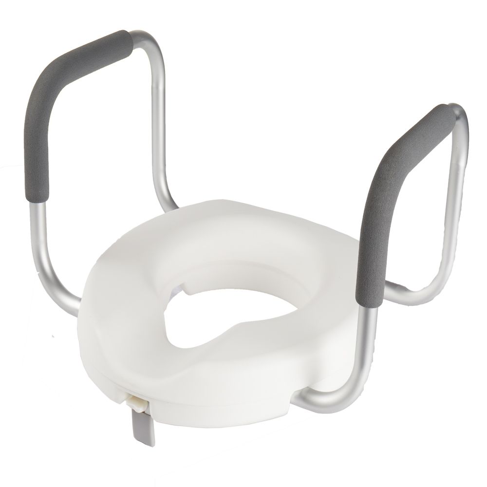 Toilettensitzerhöhung mit Armlehnen. Weißer Sitz, graue Armlehnen. Metallrahmen.