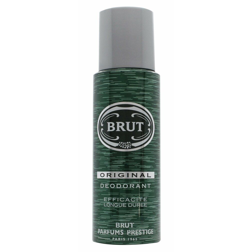 Grüne Deodorant-Spraydose mit silbernem Deckel. Aufschrift: BRUT, ORIGINAL DEODORANT, EFFACITE LONGUE DUREE, BRUT PARFUMS PRESTIGE.