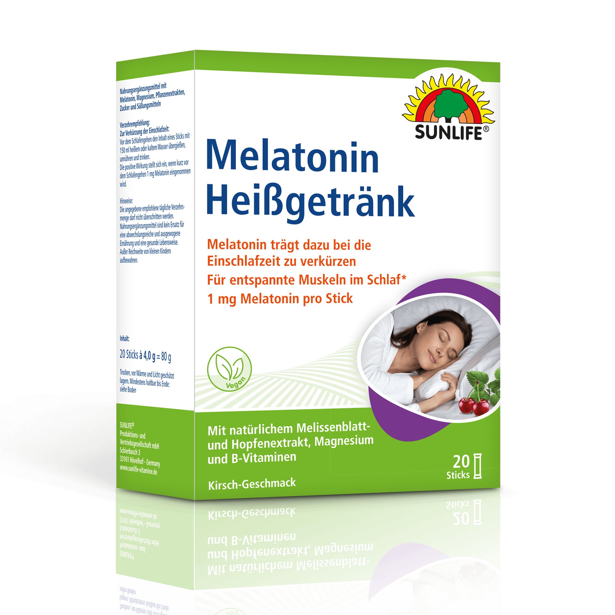 Verpackung von SUNLIFE® Melatonin Heißgetränk. Box mit Produktinformationen und Abbildung einer schlafenden Person. Kirschgeschmack.