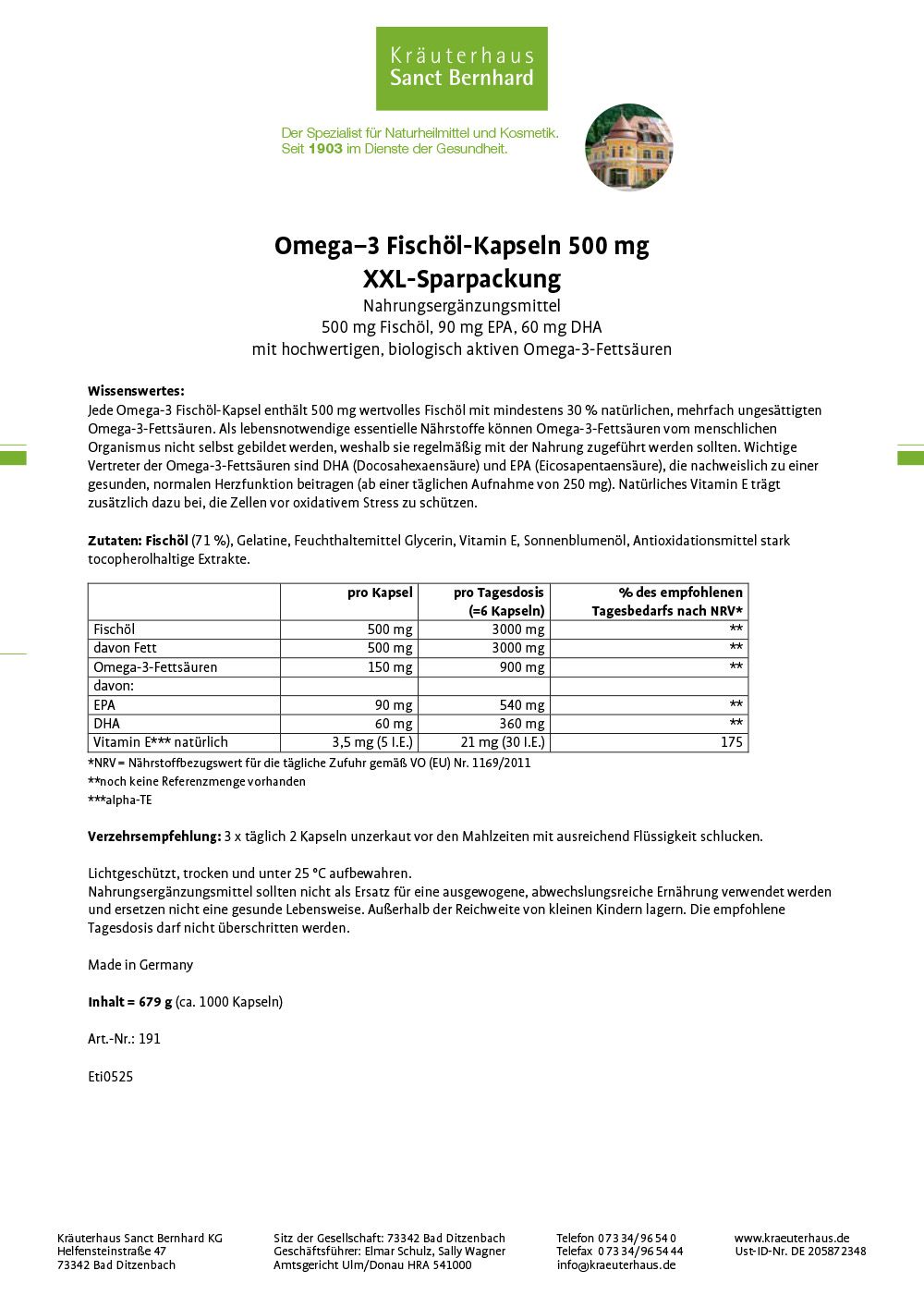 Produktetikett mit Informationen zu Omega-3 Fischöl-Kapseln 500 mg XXL-Sparpackung. Enthält Nährwertangaben und Inhaltsstoffe.