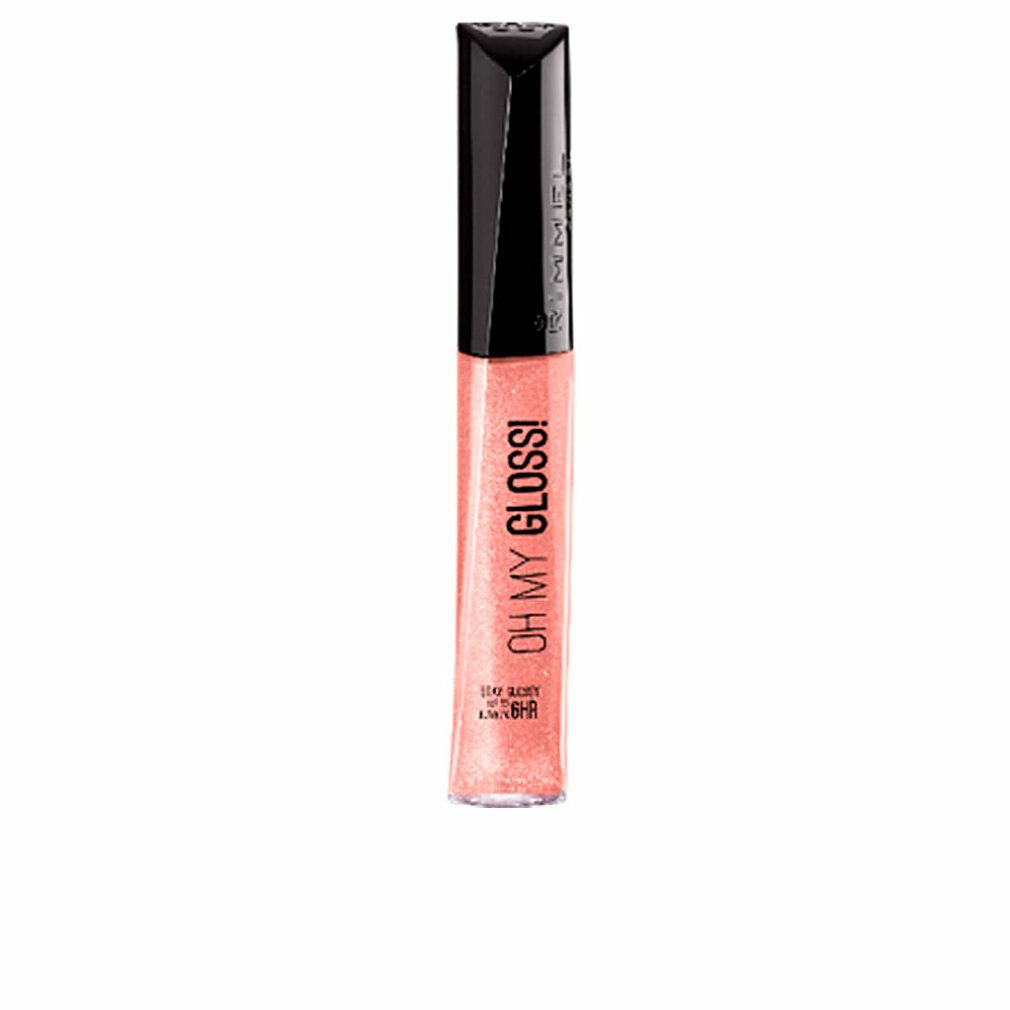 Rimmel Oh My Gloss Lipgloss, Farbton 130 Purrrlossy Car. Transparente Tube mit schwarzem Deckel. Glänzende, rosafarbene Textur.