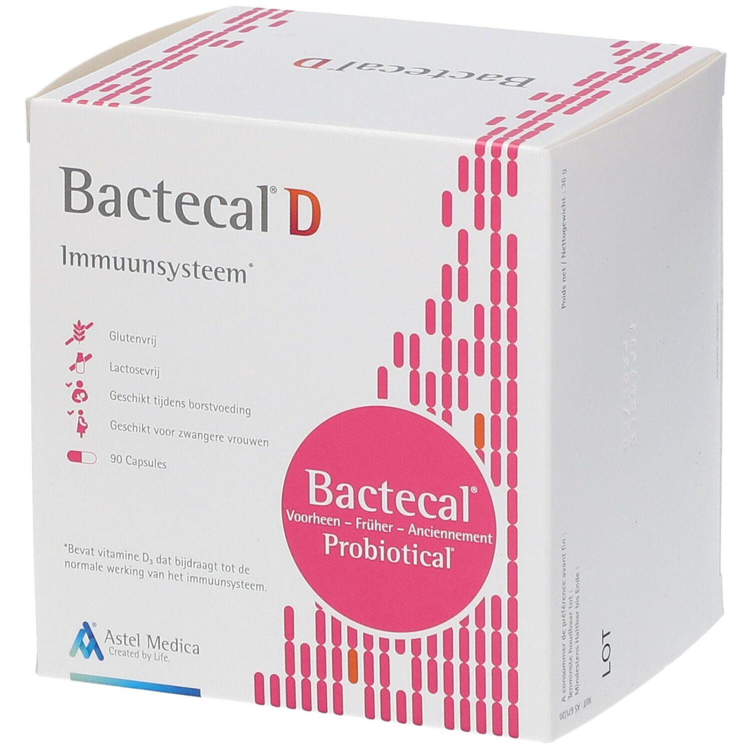 Weißer Karton mit Bactecal D. Rosa Kreis mit Bactecal Probiotical. Text: Immuunsysteem. 90 Kapseln. Glutenfrei, laktosefrei.