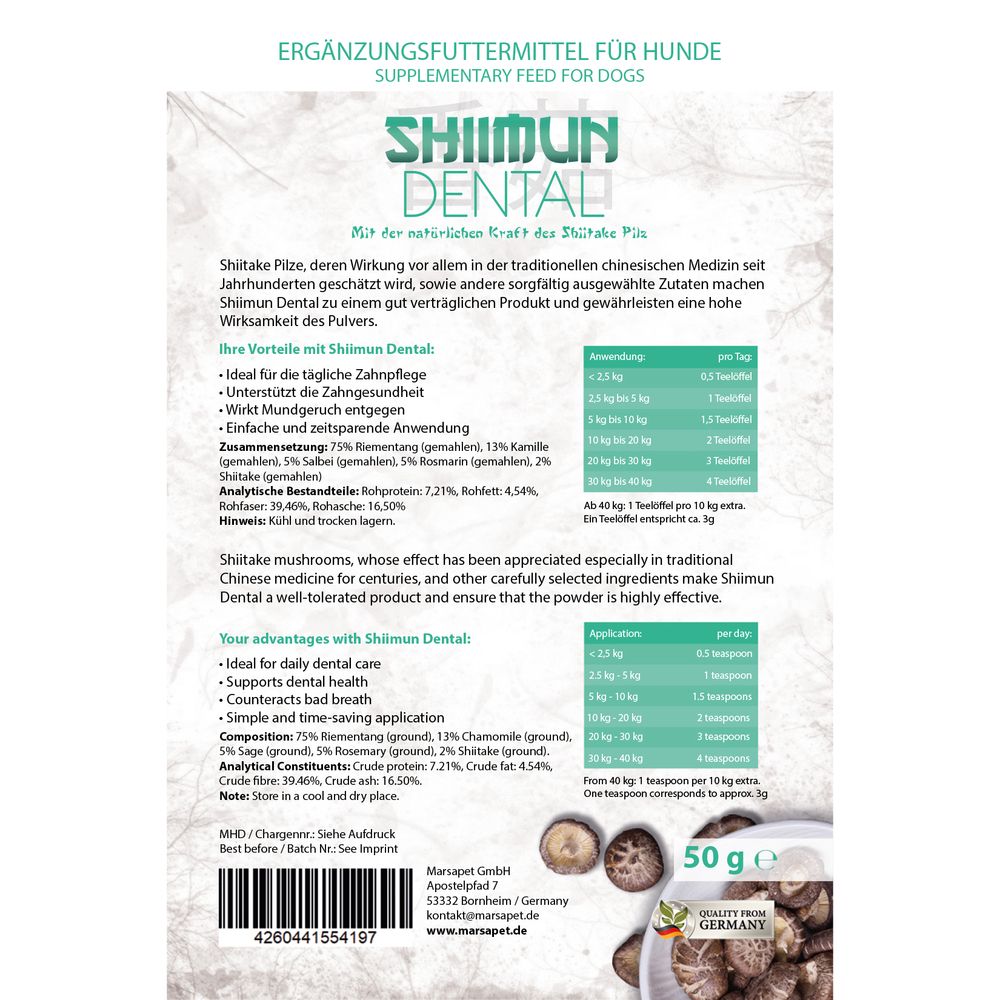 Produktverpackung mit Text. Enthält Informationen zu Inhaltsstoffen, Anwendung und Hersteller. Mit Qualitätszeichen.