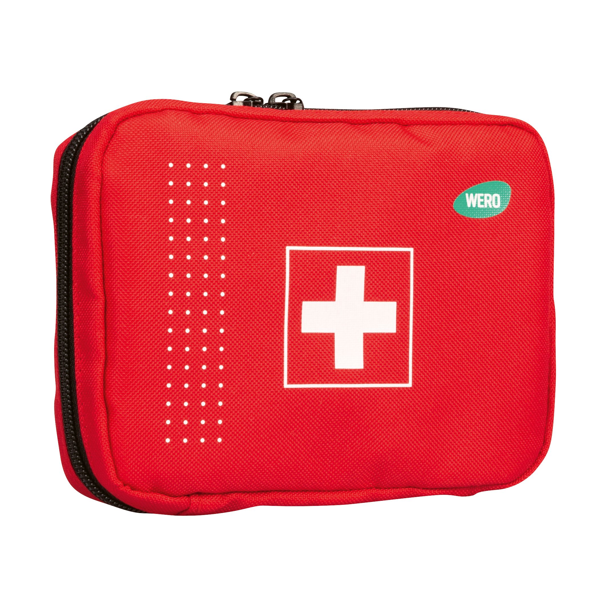 Rote Erste Hilfe Tasche mit weißem Kreuz. Reißverschluss, Logo und gepunktetes Design. Eckige Form.