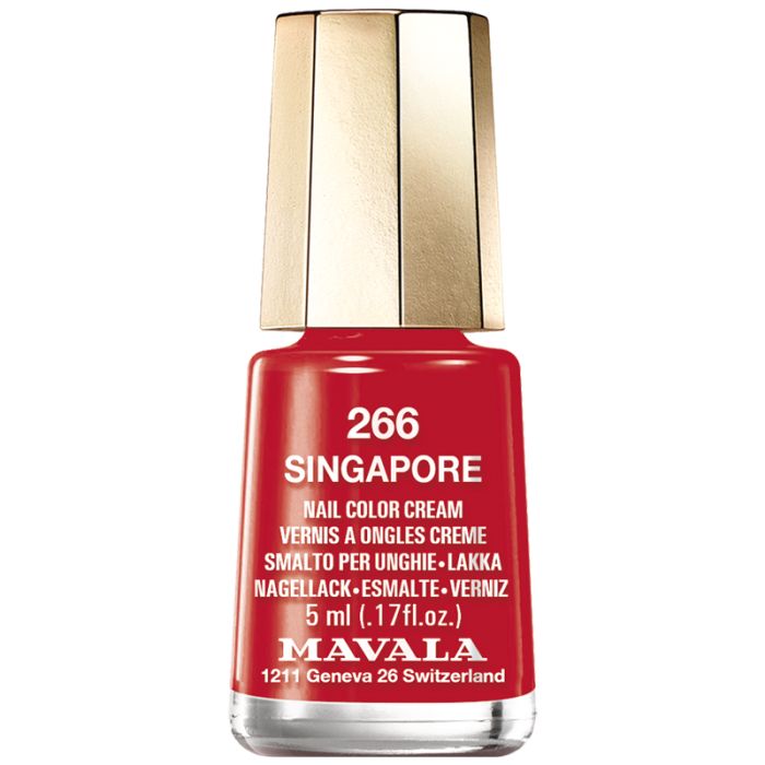 Roter Nagellackflakon mit goldfarbenem Deckel. Aufschrift: 266 SINGAPORE, Nail Color Cream, 5 ml, MAVALA.