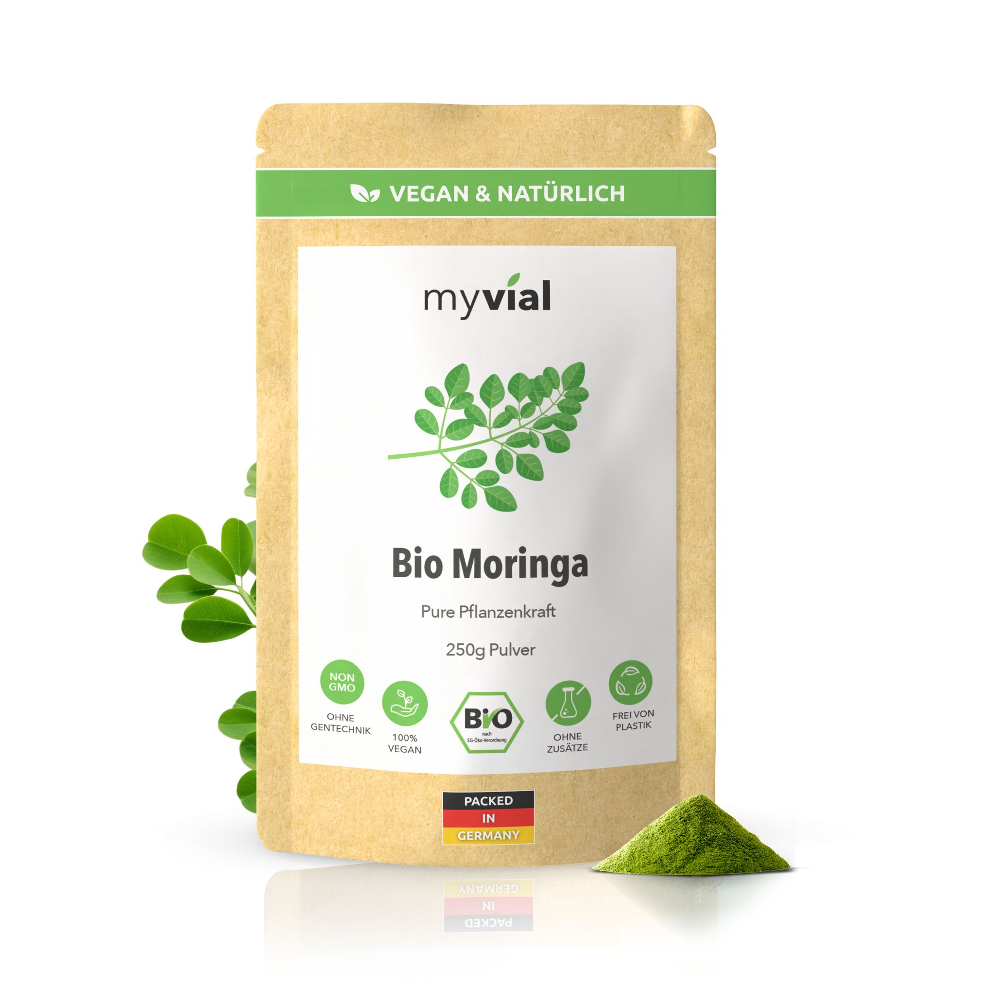 myvial® Bio Moringa Pulver - Blattpulver aus Moringa Oleifera - fein vermahlen