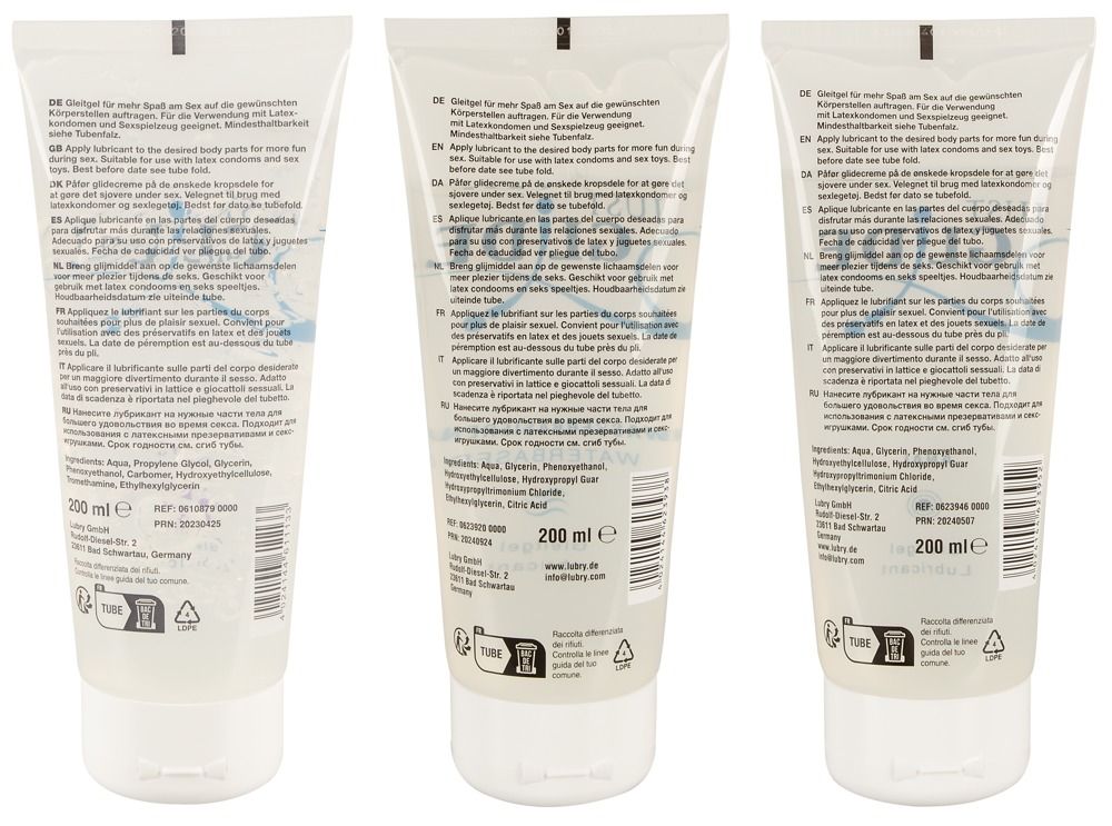 Drei Tuben JUST GLIDE med.Gleitgel. 200 ml. Rückseite mit Text. Medizinprodukt. Made in Germany. CE-Kennzeichnung.