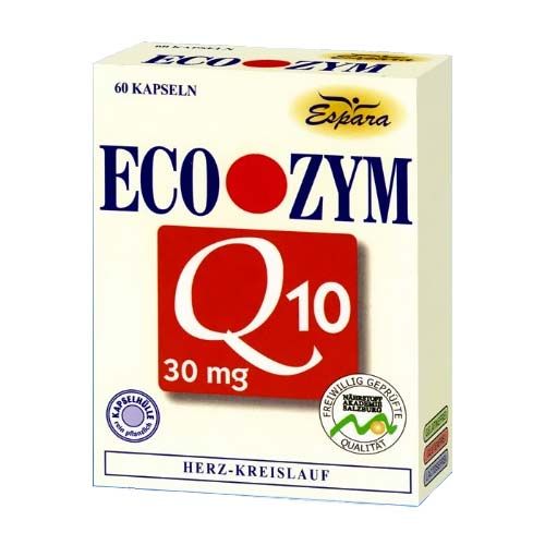 Karton von Espara EcoZym Q10 Kapseln. Enthält 60 Kapseln. Rotes Quadrat mit Q10 und 30 mg. Aufschrift: Herz-Kreislauf.