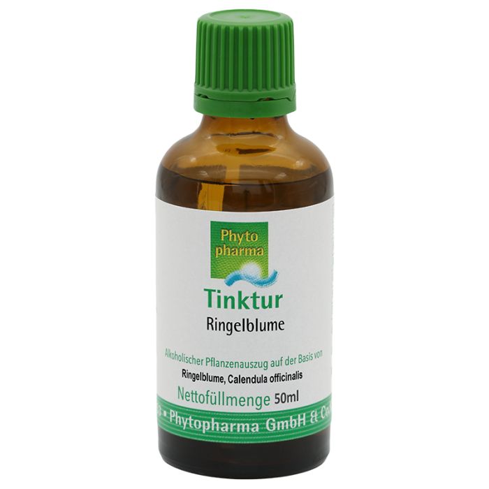 Braune Glasflasche mit grünem Verschluss. Etikett mit "Tinktur Ringelblume" und "Phytopharma".