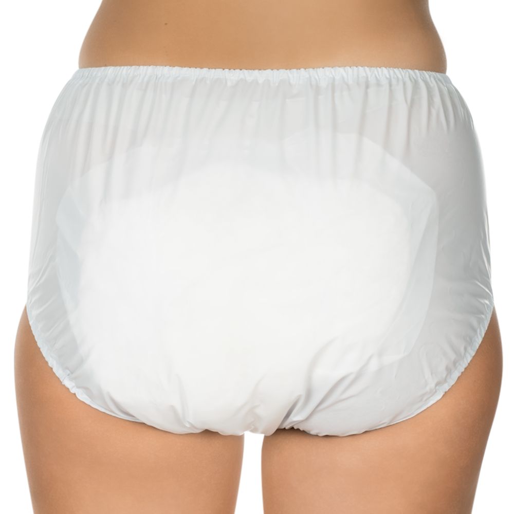 Weiße PVC-Schlupfform-Inkontinenzhose für Damen, Rückansicht.