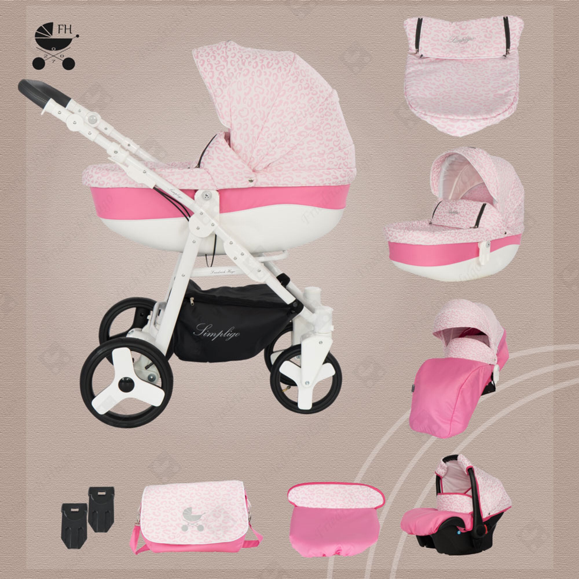 Friedrich Hugo Simpligo 4 in 1 Kinderwagen Komplettset ISOFIX Basis Luftreifen, Leopard Pink (Stoff)