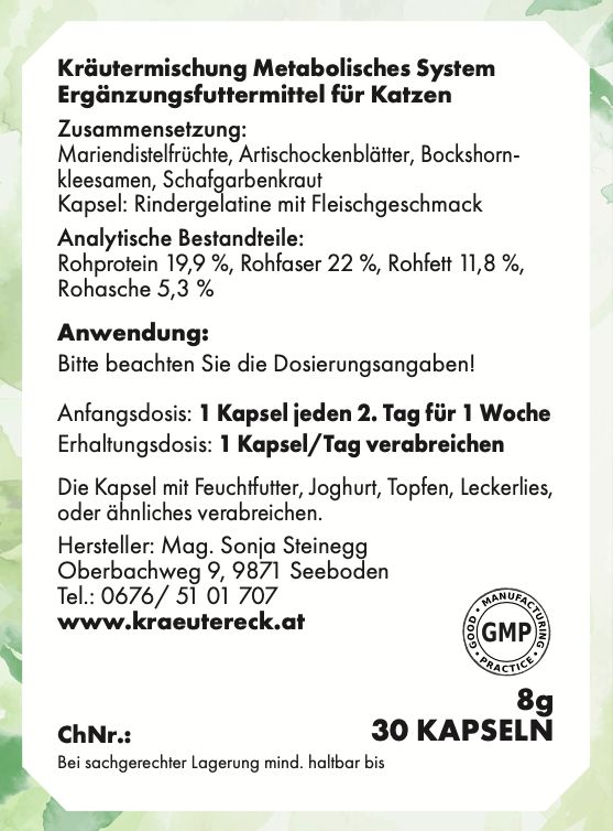 Rückseite der Verpackung mit Produktinformationen. Text über Inhaltsstoffe, Dosierung und Hersteller. 30 Kapseln, 8g.