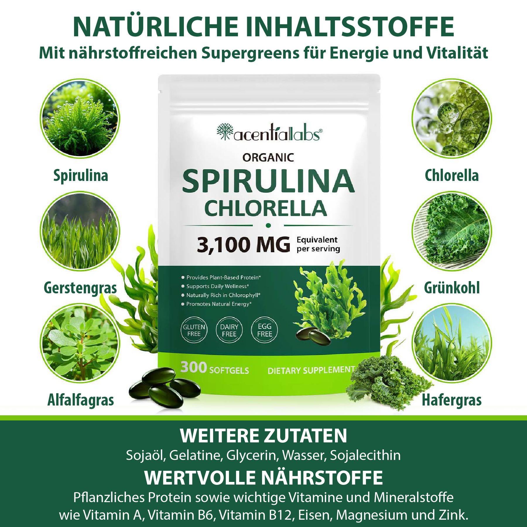 P-Beauty Spirulina Chlorella Softgels mit Darstellungen von Spirulina, Chlorella und Gräsern.