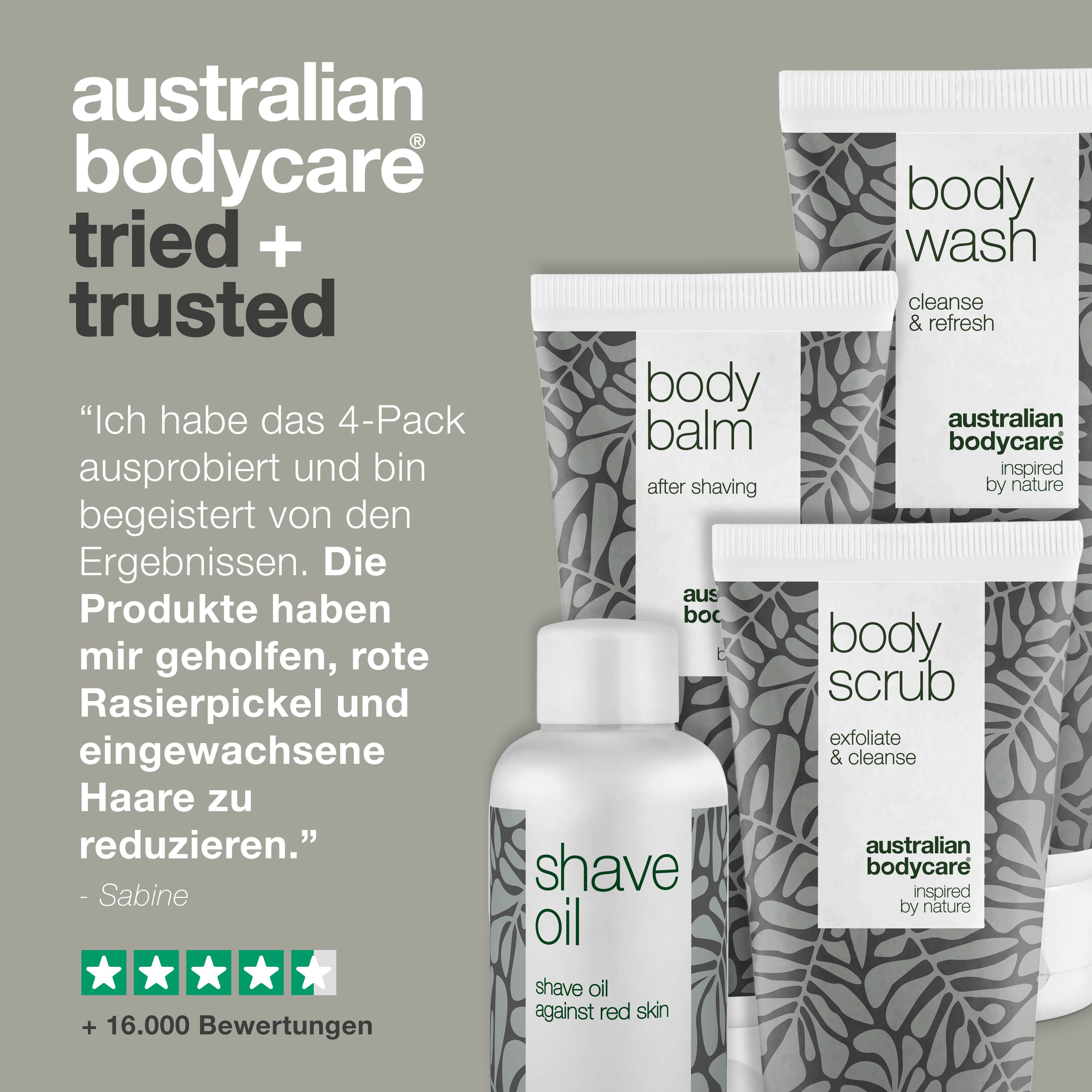 Produkt-Set: Body Wash, Body Scrub, Body Balm und Shave Oil. Text: Erfahrungsbericht mit 5 Sternen und über 16.000 Bewertungen.