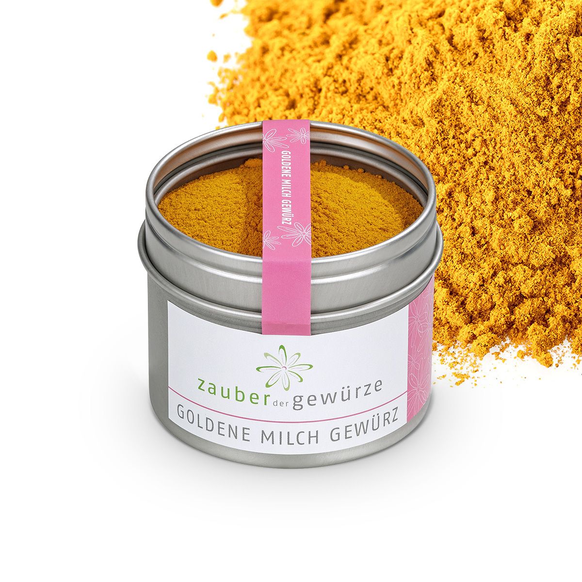 Geöffnete Dose mit goldenem Gewürz. Rosa Etikett mit Text. Gewürzstreuung im Hintergrund. Marke 'Zauber der Gewürze'.