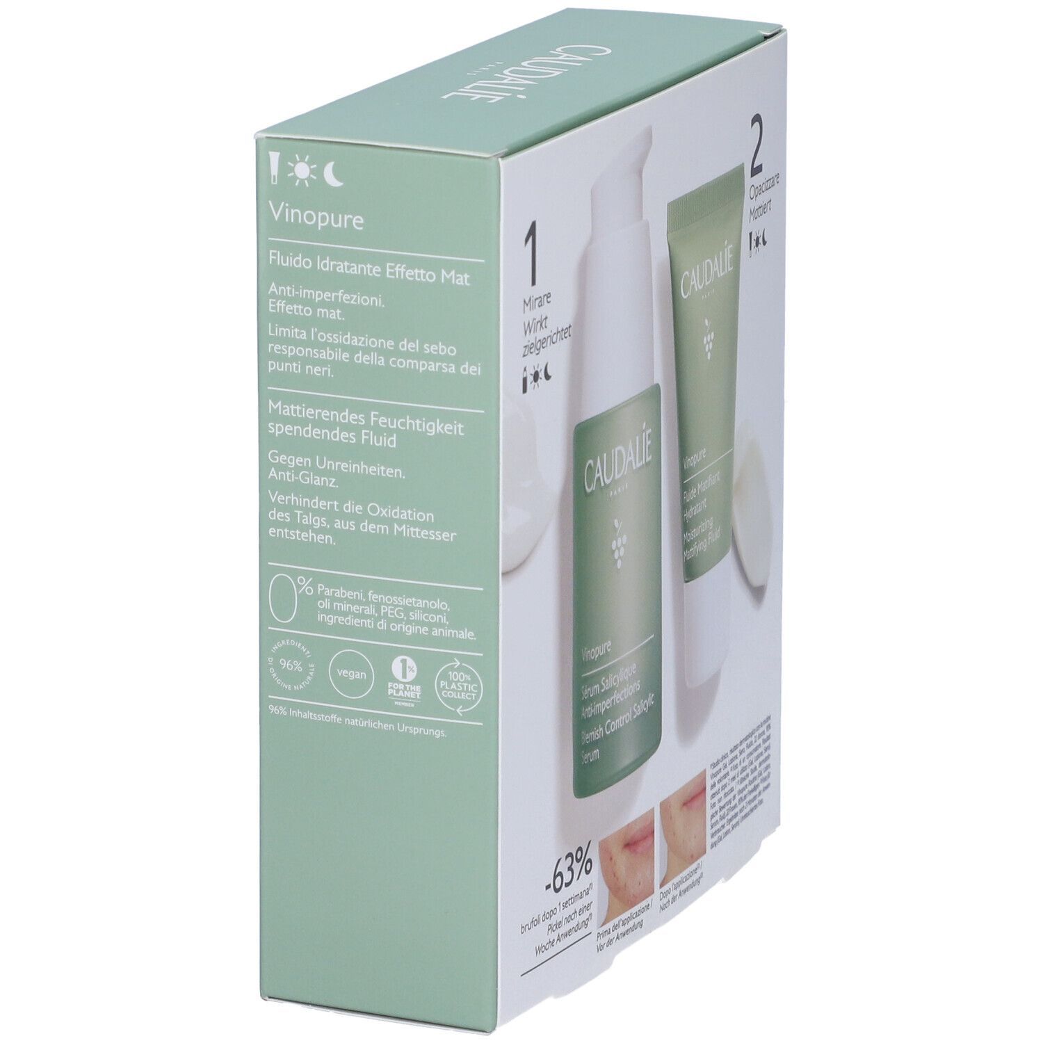 Cofanetto Caudalie Vinopure. Contiene siero e fluido. Confezione verde e bianca. Testo: Vinopure, Fluido, -63% imperfezioni dopo 1 settimana di utilizzo.