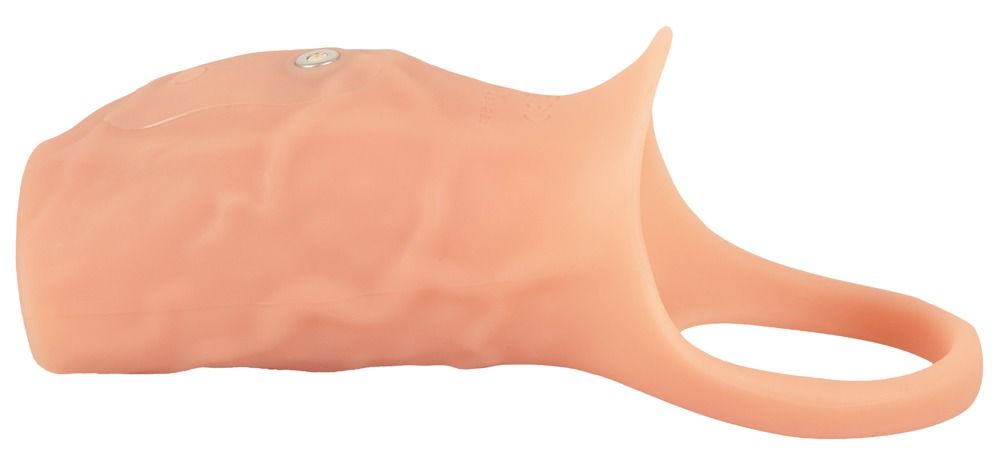 Penismanschette mit Hodenring. Hautfarbenes Silikon. Oberseite mit Knopf und Licht. Ringförmige Basis.