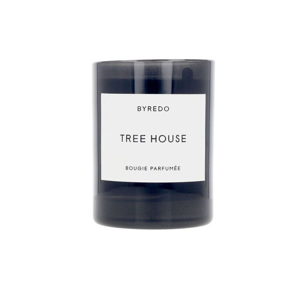 Schwarze Kerze mit weißem Etikett. Text: Byredo, Tree House, Bougie Parfumée.