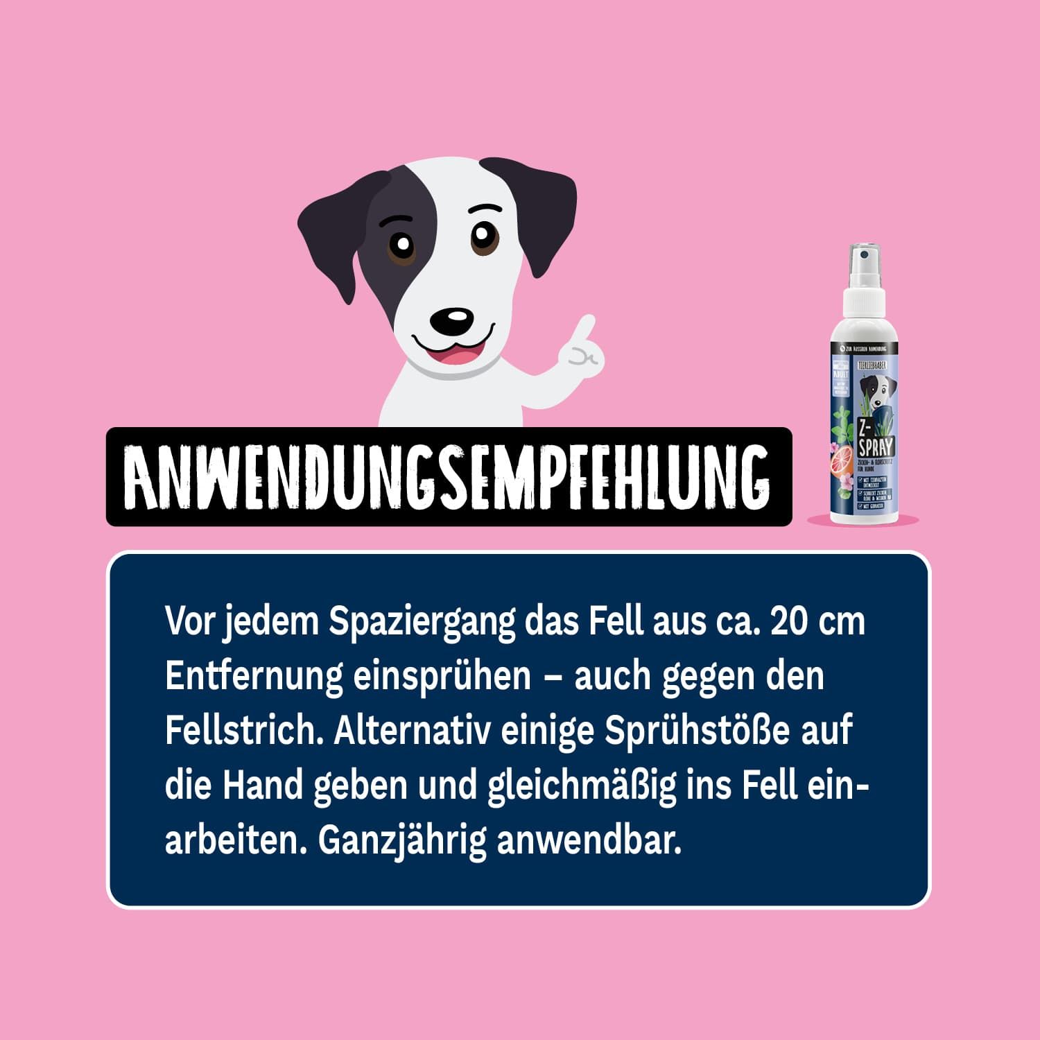 Anwendungsempfehlung mit Text und Illustration. Z-Spray-Flasche, Hund, pinker Hintergrund.