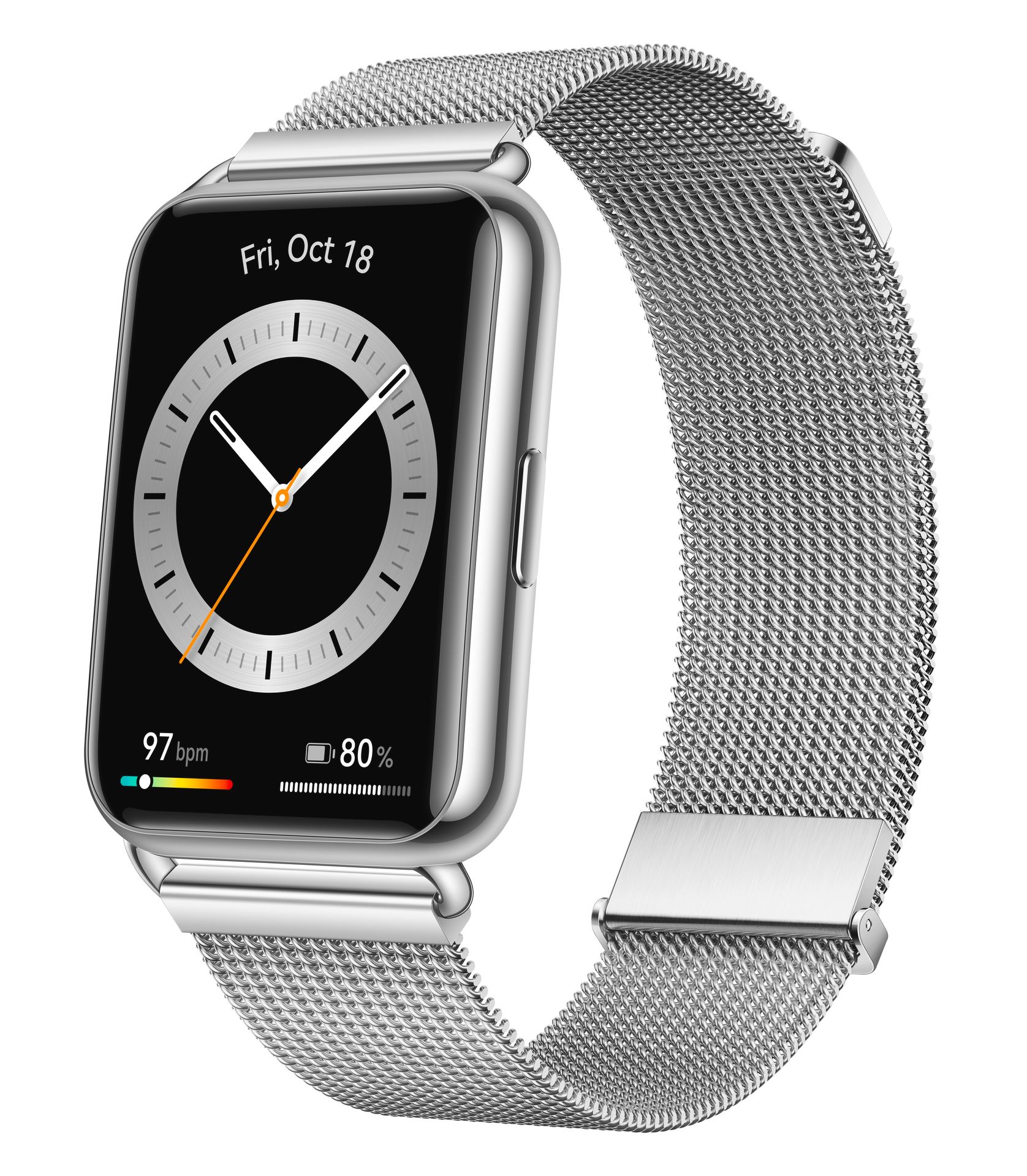 Silberfarbene Smartwatch mit rechteckigem Display und Metallarmband. Das Display zeigt Uhrzeit, Datum, Herzfrequenz und Akkustand.