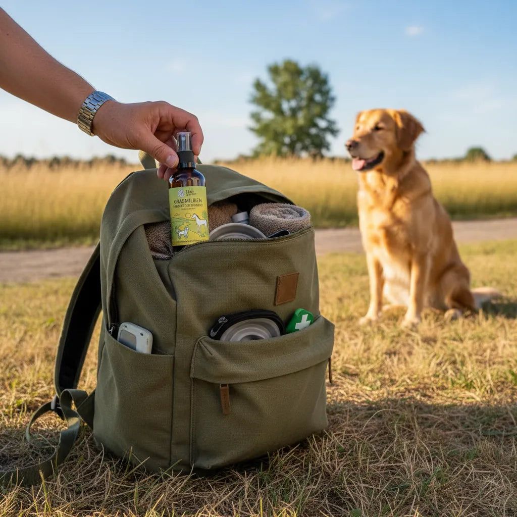 Person hält Sprühflasche vor Rucksack. Im Rucksack: Hundezubehör. Im Hintergrund: Hund auf Wiese.