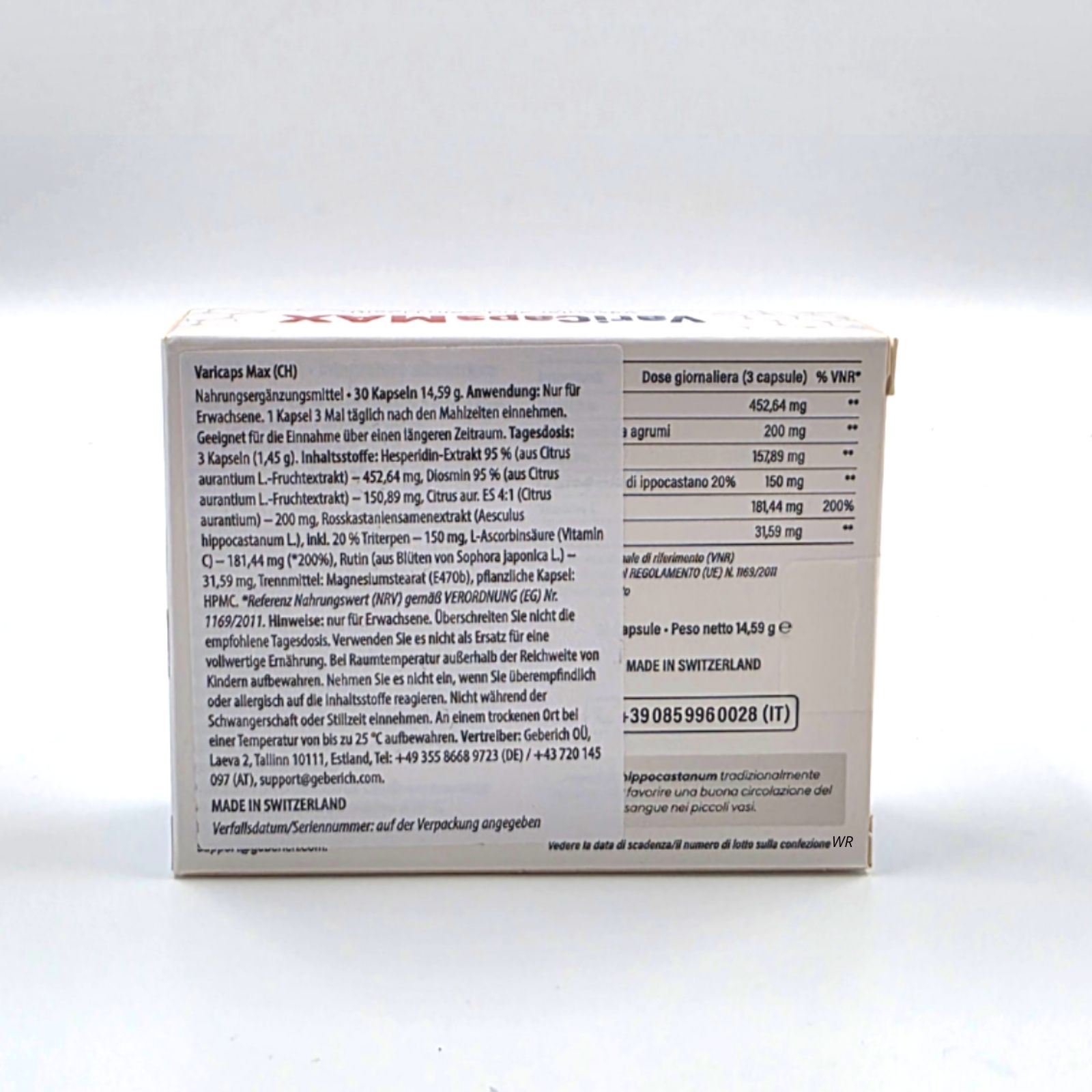 Rückseite der Produktverpackung VariCaps MAX. Enthält Informationen zu Inhaltsstoffen und Dosierung. Hergestellt in der Schweiz.