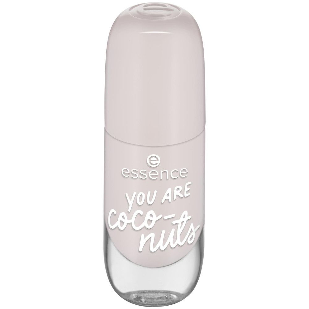 Nagellackflasche mit hellem Deckel und durchsichtigem Boden. Aufschrift: essence, YOU ARE coco-nuts.