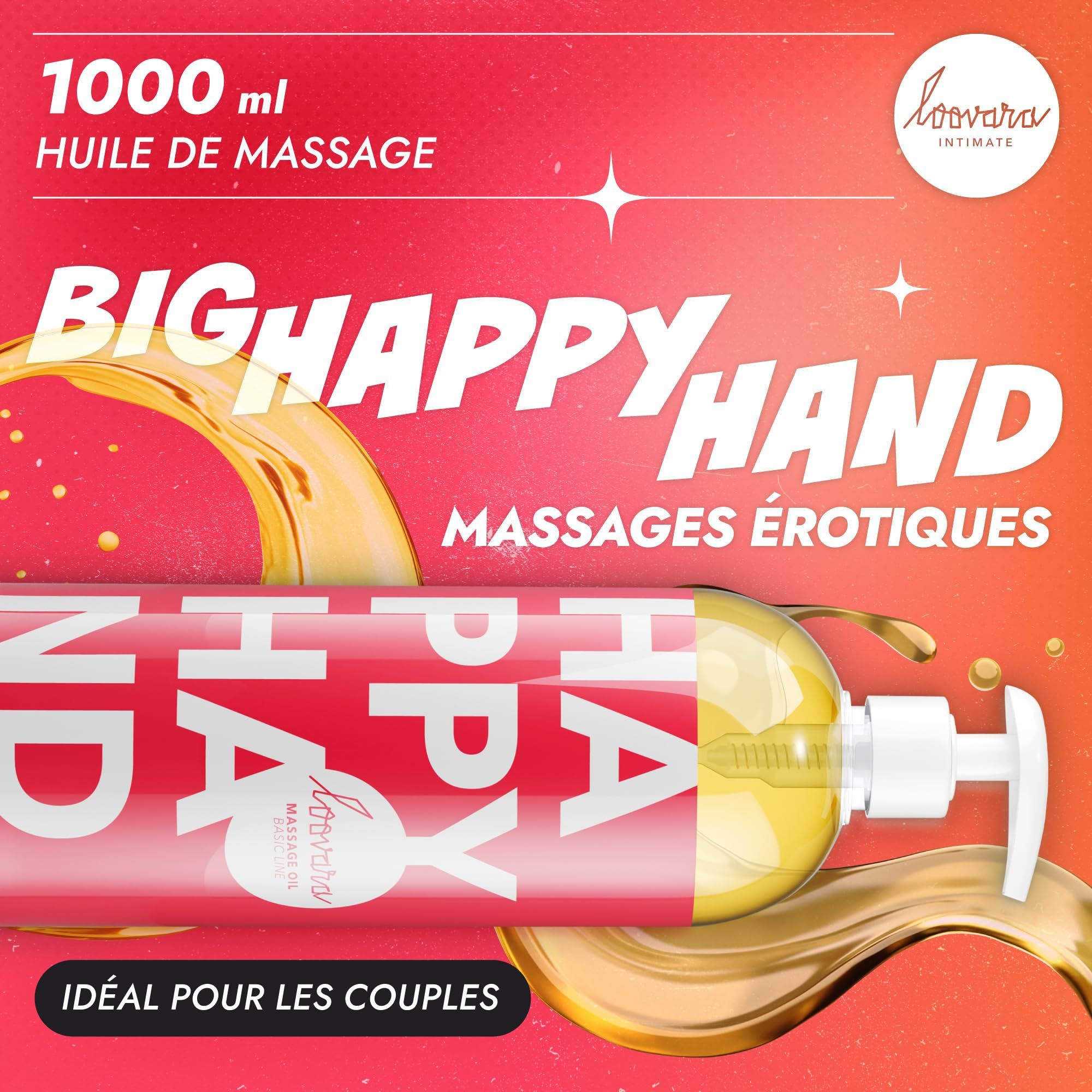 Werbebild: Flasche Loovara Happy Hand Massageöl, 1000ml, mit Texten wie 'BIG HAPPY HAND' und 'MASSAGES ÉROTIQUES'.