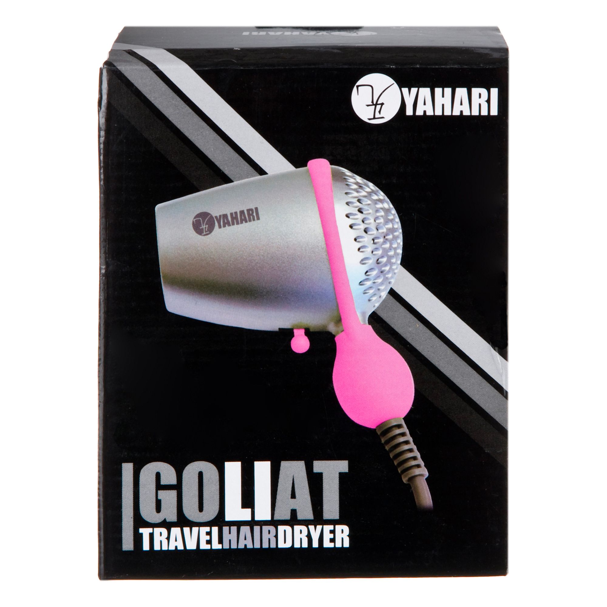 Kompakter silberner Reisehaartrockner von Yahari mit pinkem Griff und Kabel. Auf schwarzer Verpackung mit Produktnamen 'GOLIAT TRAVELHAIRDRYER'.