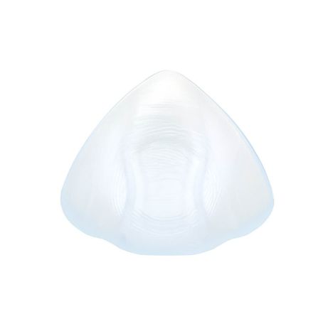 Transparente, tropfenförmige Teilprothese. Oberseite mit leicht gewellter Struktur. Für die Brust. Material: Silikon.