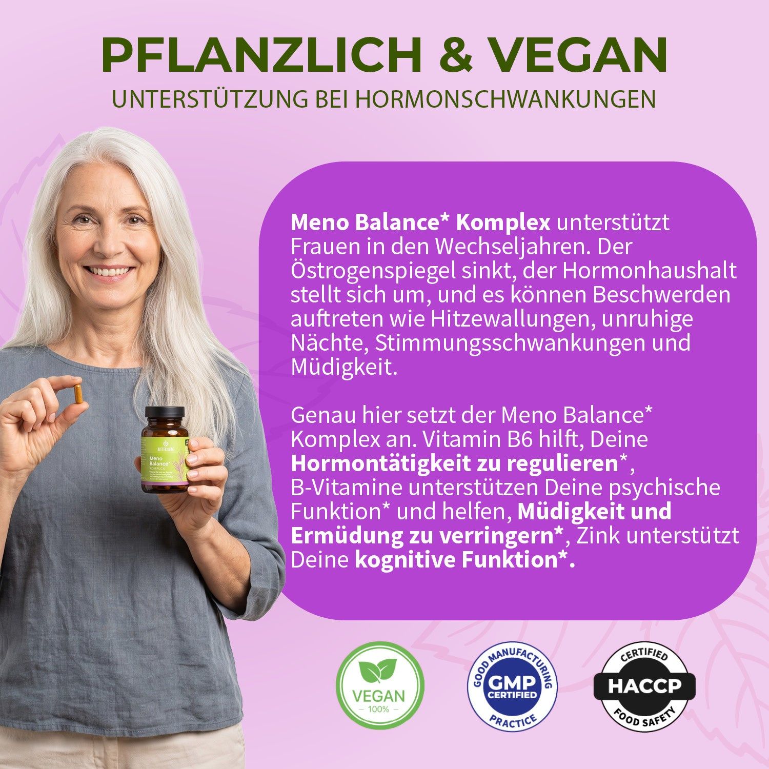 Zwei Flaschen Meno Balance Komplex nebeneinander, grüne Etiketten mit Pflanzenmotiv.