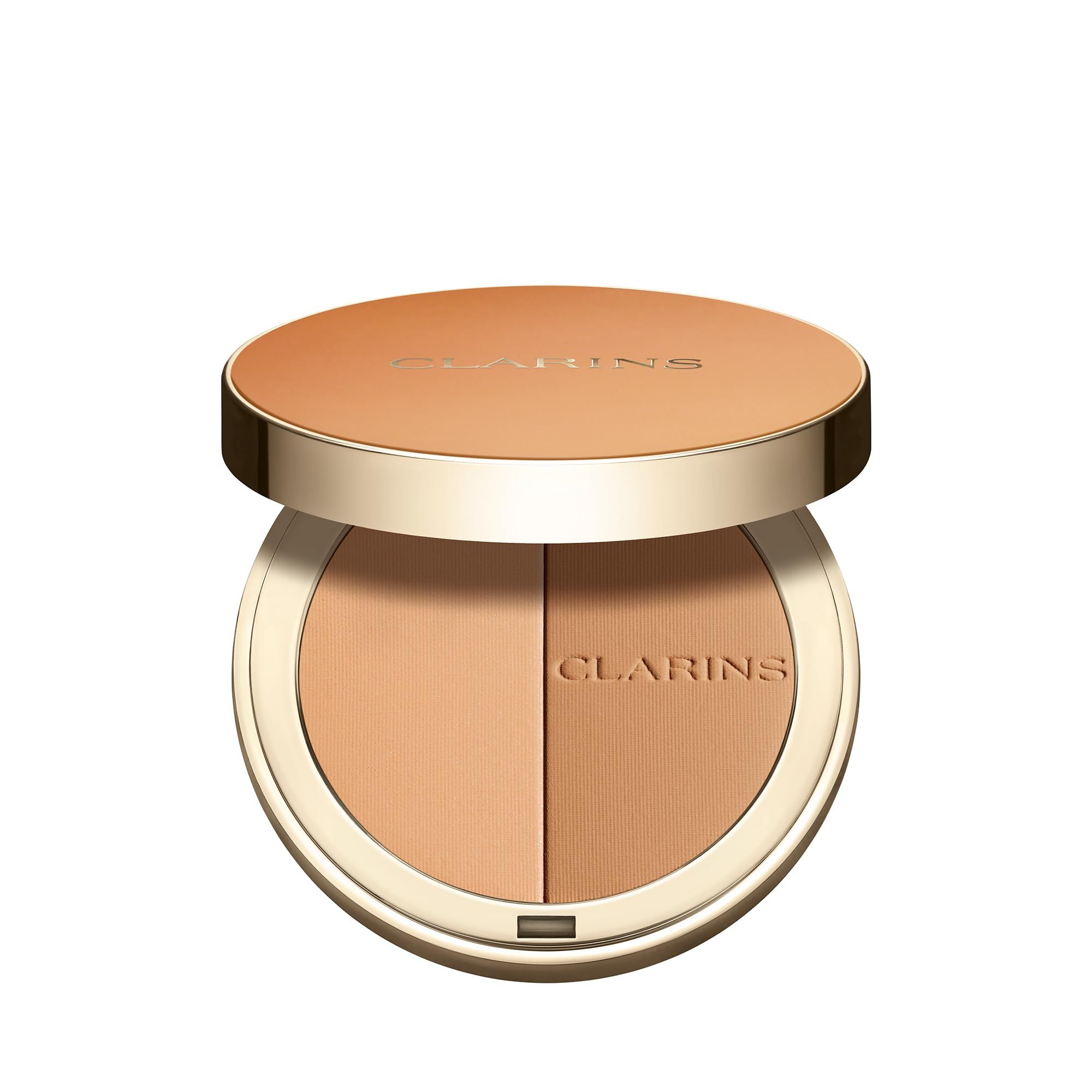 Runder Bronzer-Kompaktpuder mit zwei Farbtönen. Deckel und Puder in Goldtönen. Marke: Clarins.