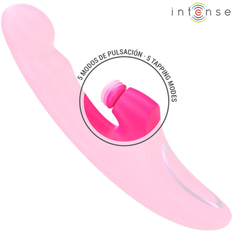 Pinkfarbener Vibrator mit hervorgehobener Spitze. 5 Pulsationsmodi, 5 Klopfmodi. Geschwungene Form.