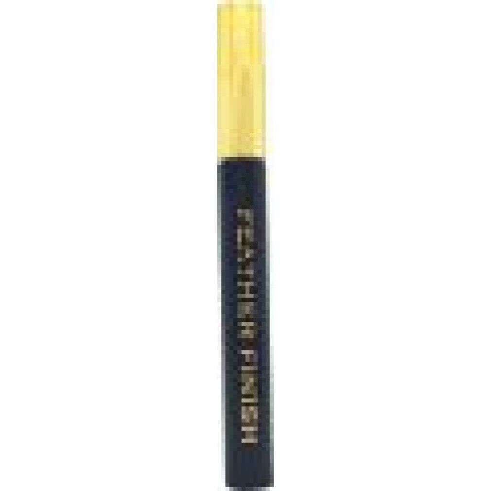 Schwarze Mascara mit goldener Kappe. Aufschrift: FEATHER FINISH. Vertikale Ansicht.