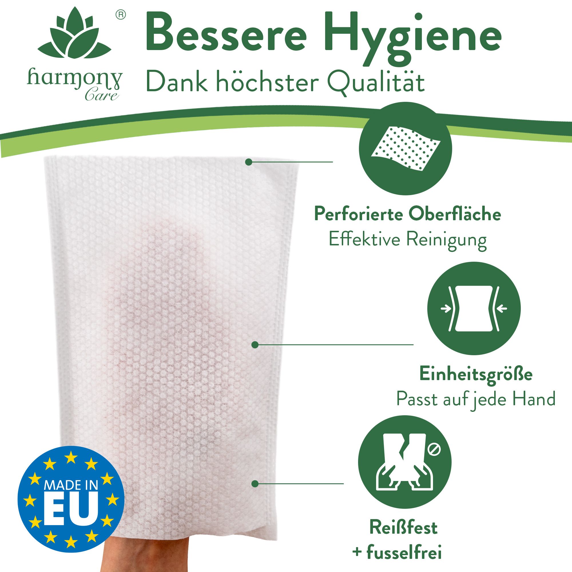 Harmony Care® - weiche Einmal Waschhandschuhe aus Spunlaced, Einmalwaschlappen für Erwachsene & Baby