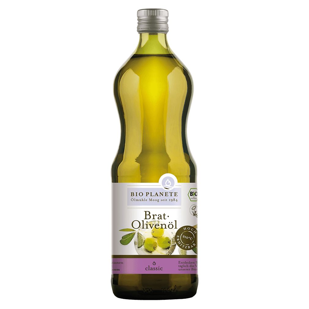 Grüne Glasflasche mit Brat-Olivenöl-Etikett. Silberner Verschluss. Aufschrift: Bio Planète, Brat-Olivenöl, classic.