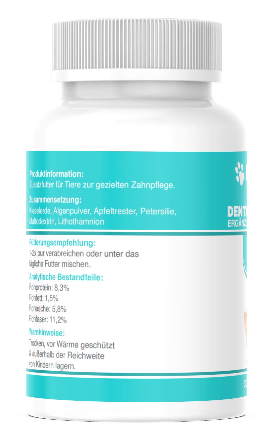 Rückseite der Flasche mit Produktinformationen, Inhaltsstoffen und Fütterungsempfehlung. Text in deutscher Sprache.
