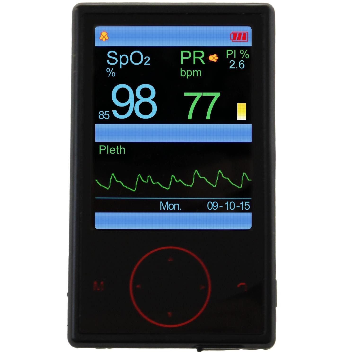 Handheld-Pulsoximeter mit Display. Zeigt SpO2, Pulsfrequenz, PI und Wellenform an. Schwarzes Gerät mit rotem Bedienknopf.
