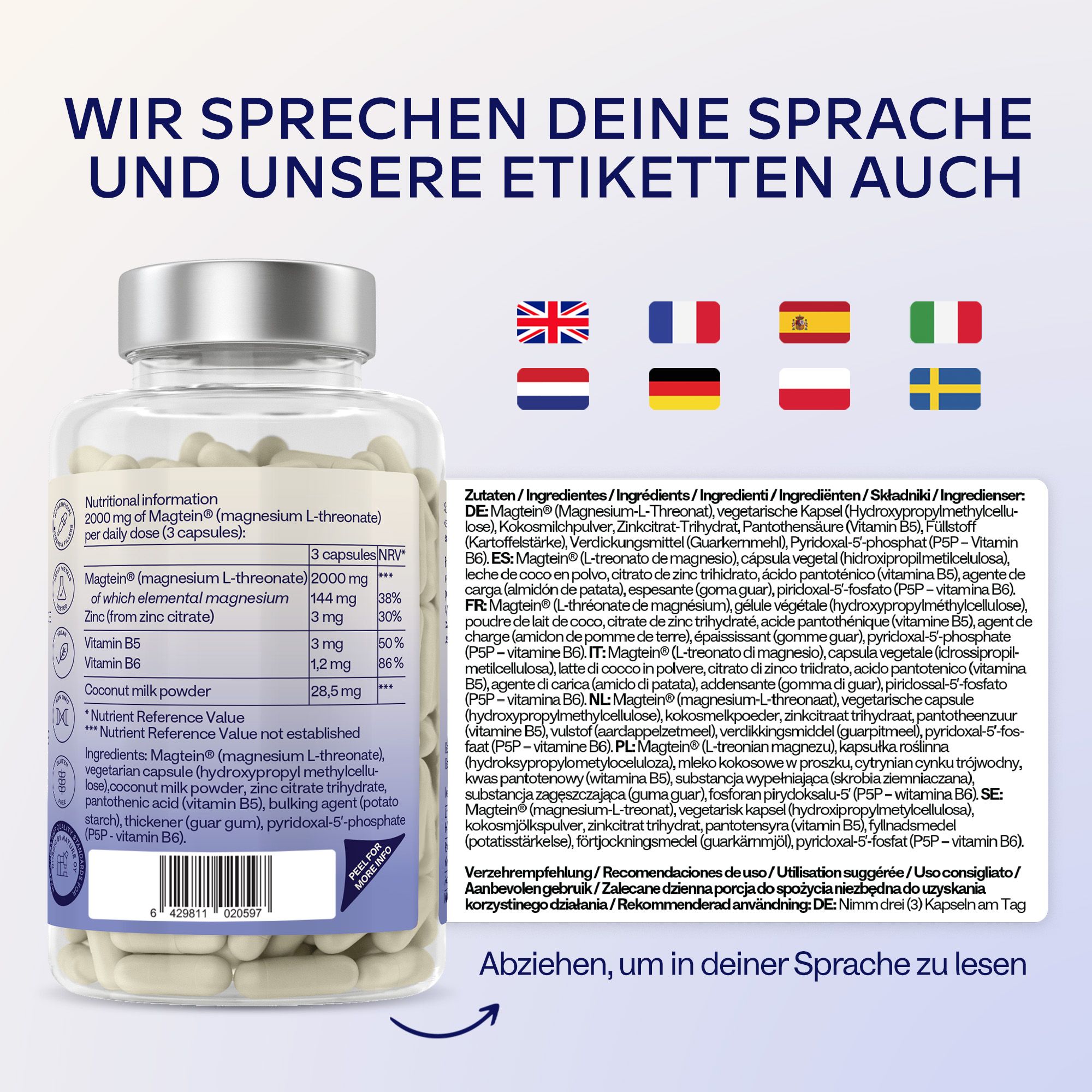 Flasche mit 60 Magnesium L-Threonat Kapseln, inklusive Nährwertangaben und Zutatenliste.