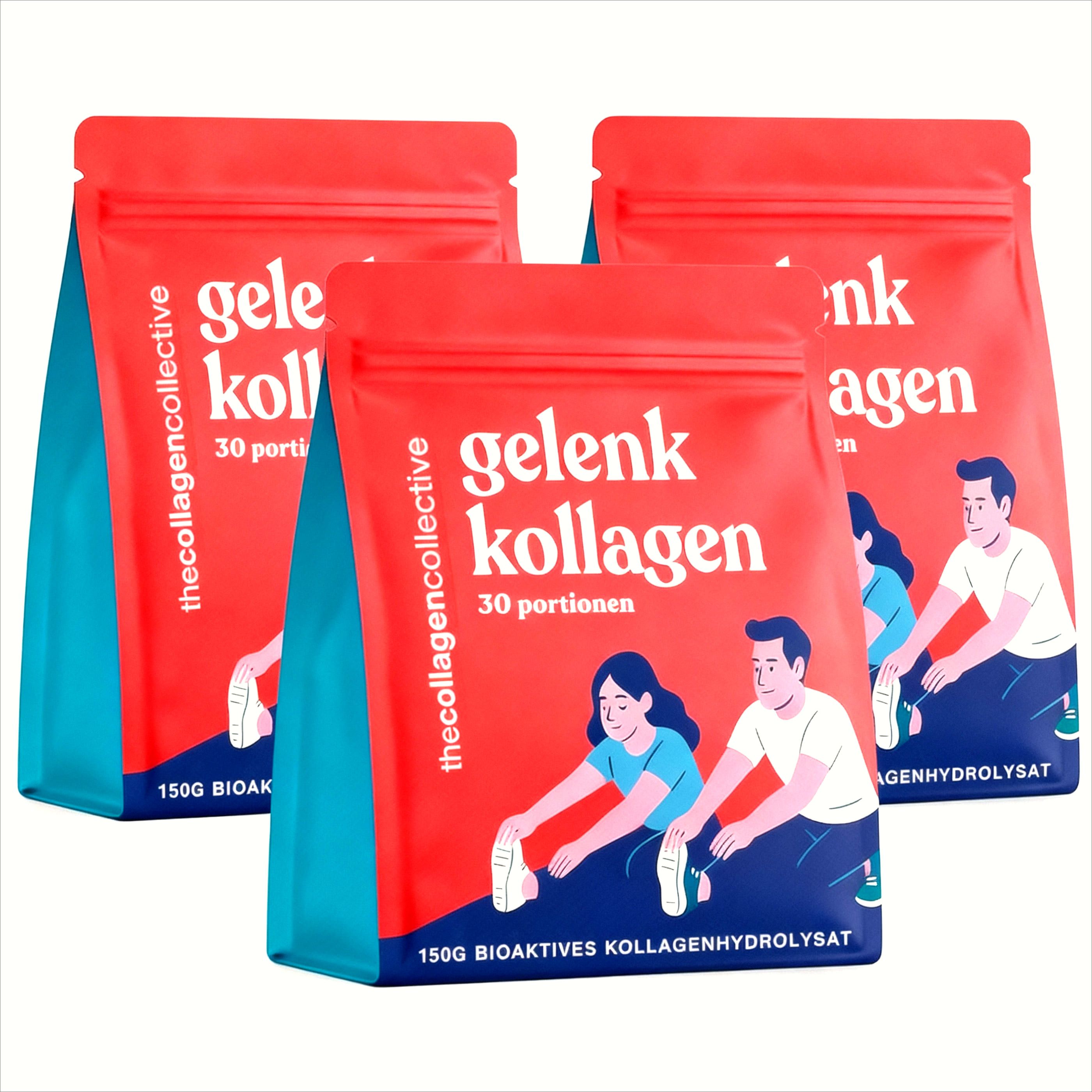 Drei Beutel Gelenk Kollagen Pulver. Rote Verpackung mit blauen Akzenten. Aufdruck: 30 Portionen, 150g, Bioaktives Kollagenhydrolysat.