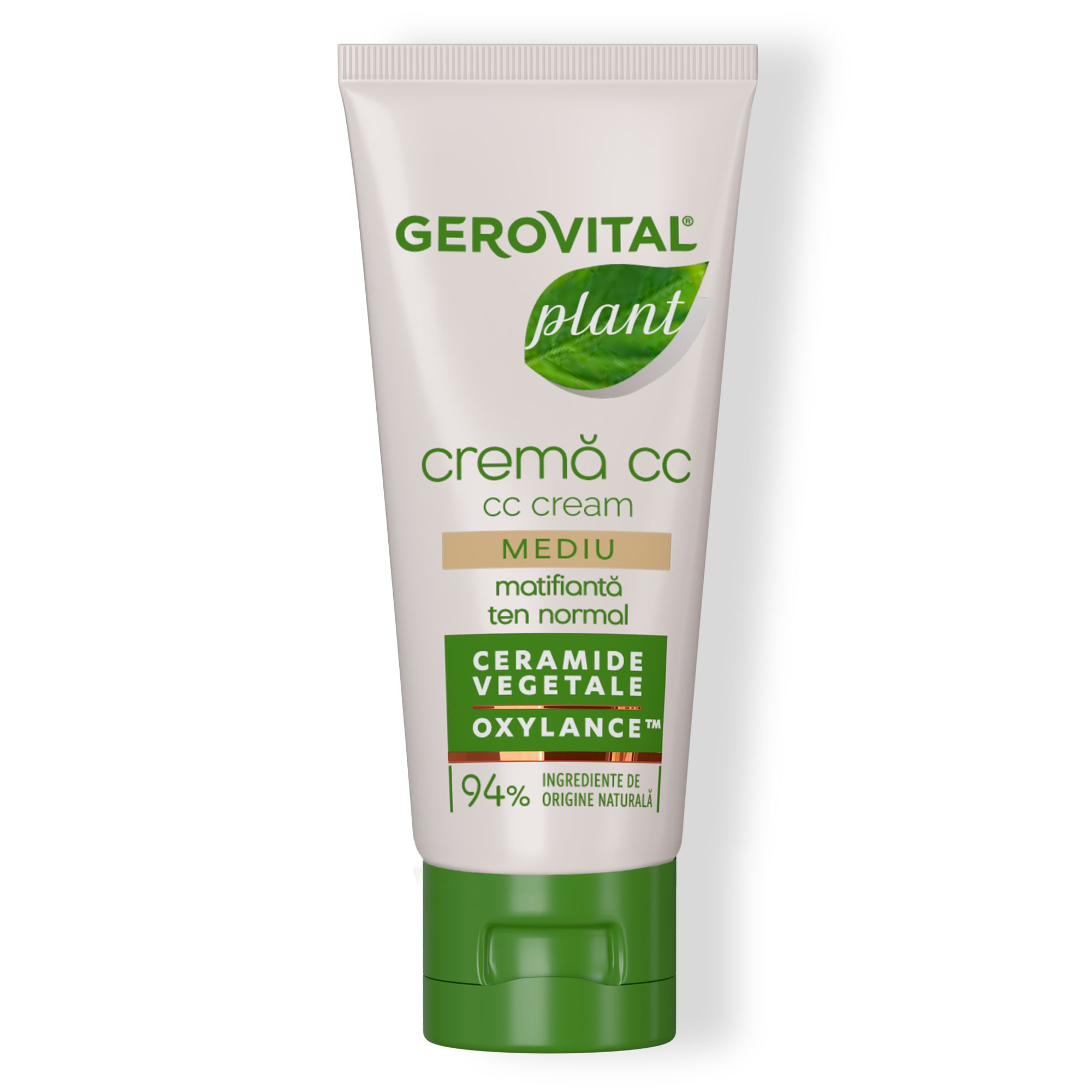 Tube CC Cream mit pflanzlichen Ceramiden, Text und Logo. Grün-weiße Farbgebung.