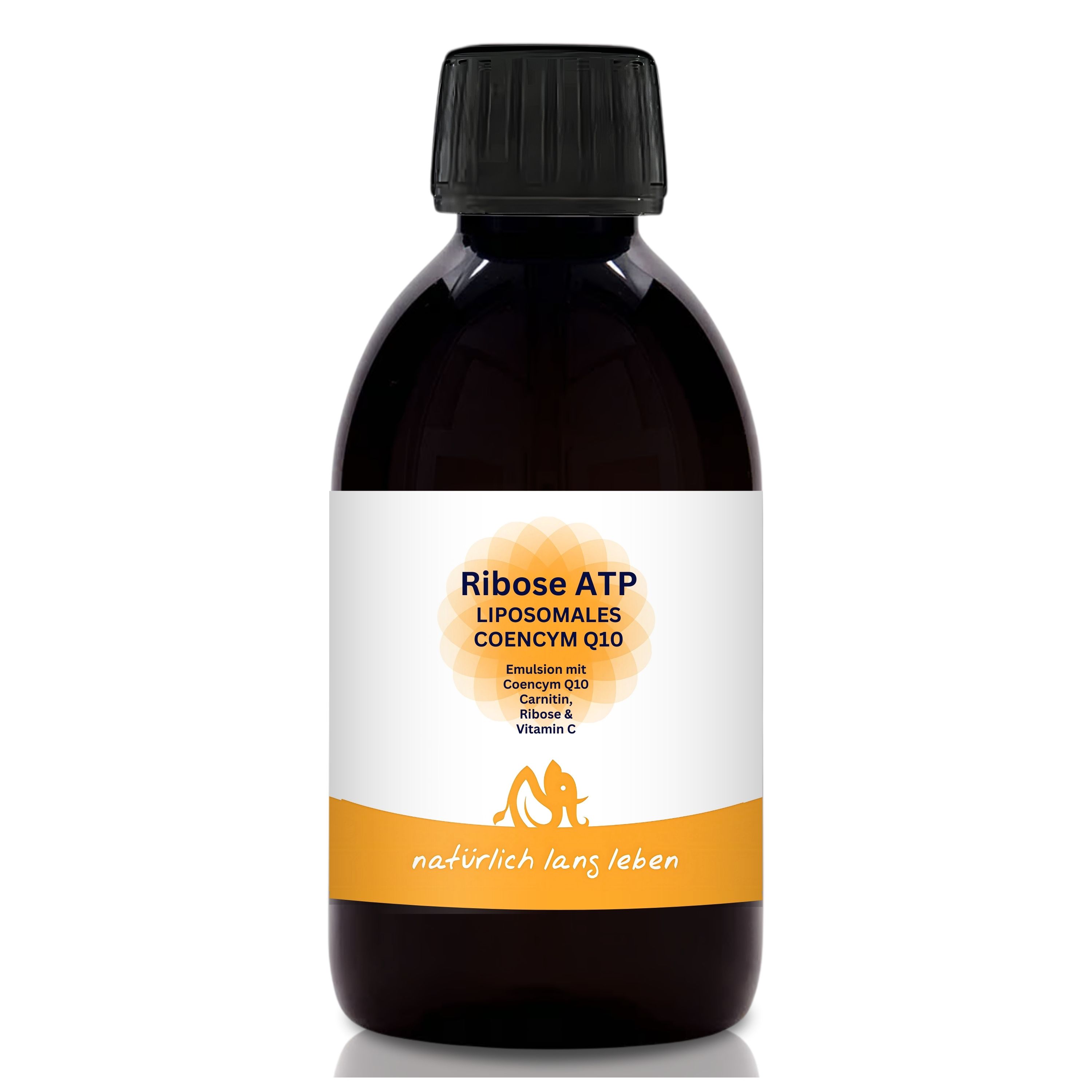 Braune Flasche mit schwarzem Deckel. Etikett: Ribose ATP Liposomales Coenzym Q10. Orangefarbener Streifen. Text: natürlich lang leben.