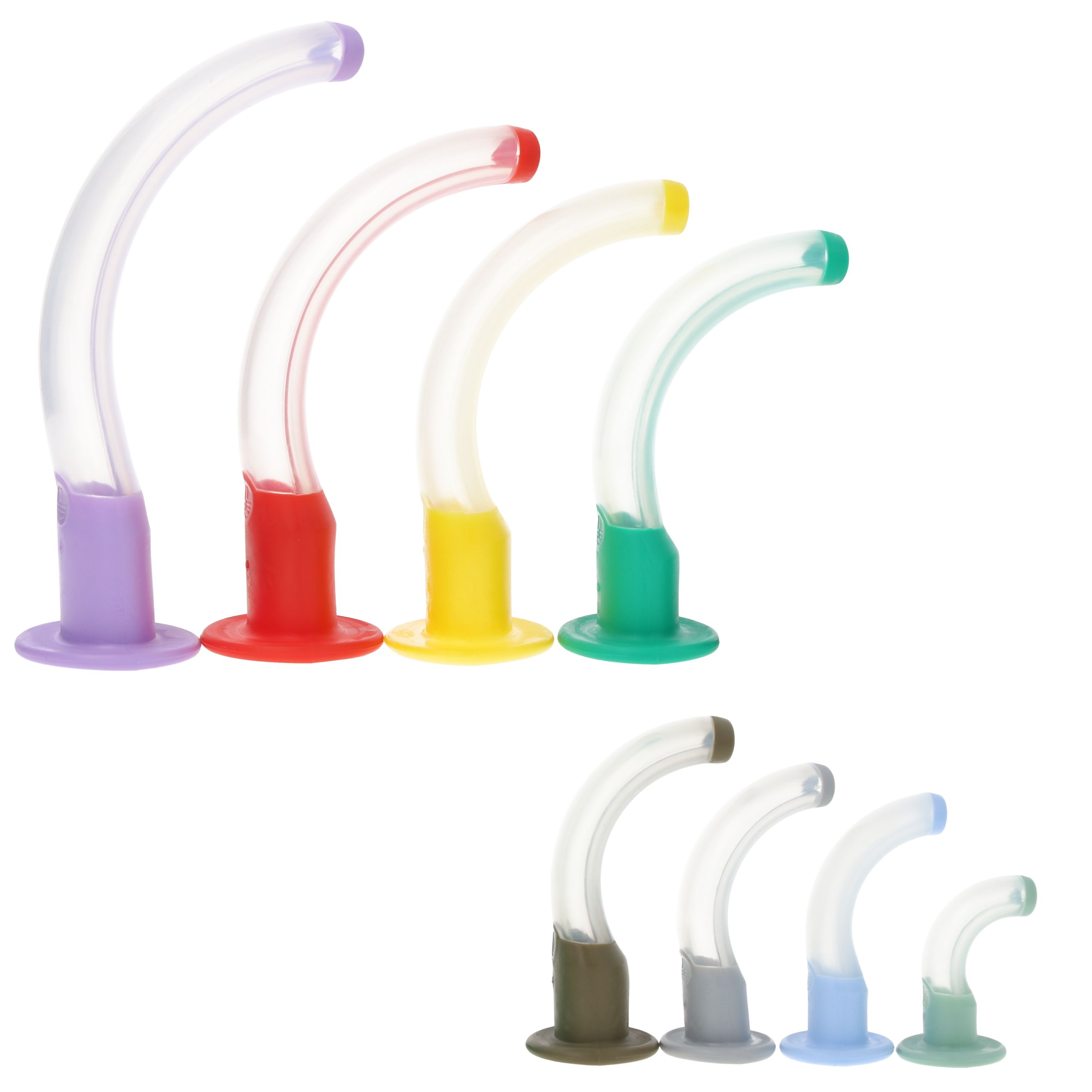 Mehrfarbige Guedel-Tuben. Vier Tuben in Reihe, mit farbigen Basen: Lila, Rot, Gelb, Grün. Unten, kleinere Tuben mit brauner, grauer, blauer und grüner Basis.