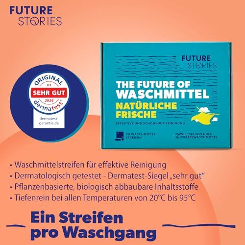 Produktverpackung mit Waschmittelstreifen. Auf der Verpackung ist das Logo "Future Stories" und das Dermatest-Siegel "sehr gut" zu sehen.