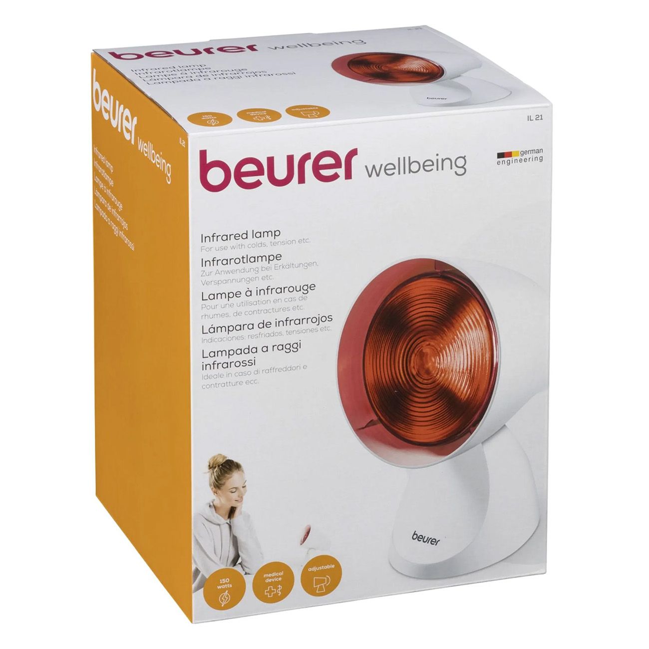 Verpackung der Infrarotlampe. Marke: beurer. Produktname: Infrarotlampe. Abbildung der Lampe auf der Verpackung.