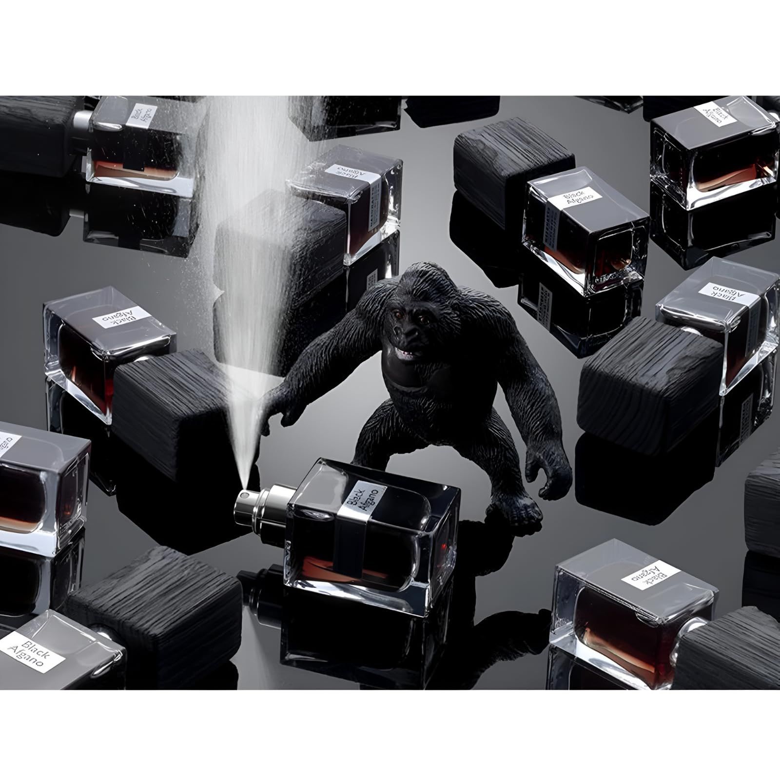 Gorilla-Figur sprüht Nasomatto Black Afgano Eau de Parfum Unisex.