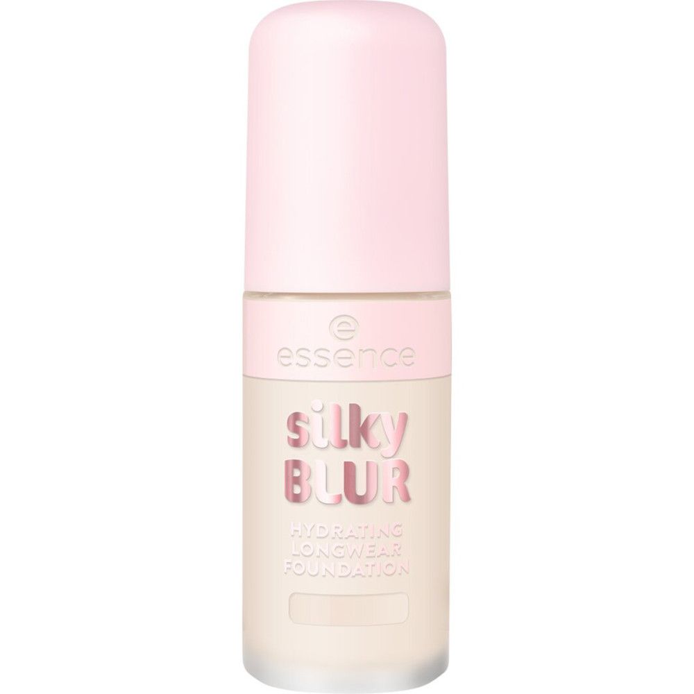 Foundation-Flasche mit rosa Deckel. Aufschrift: Silky Blur, Hydrating Longwear Foundation. Marke: Essence.